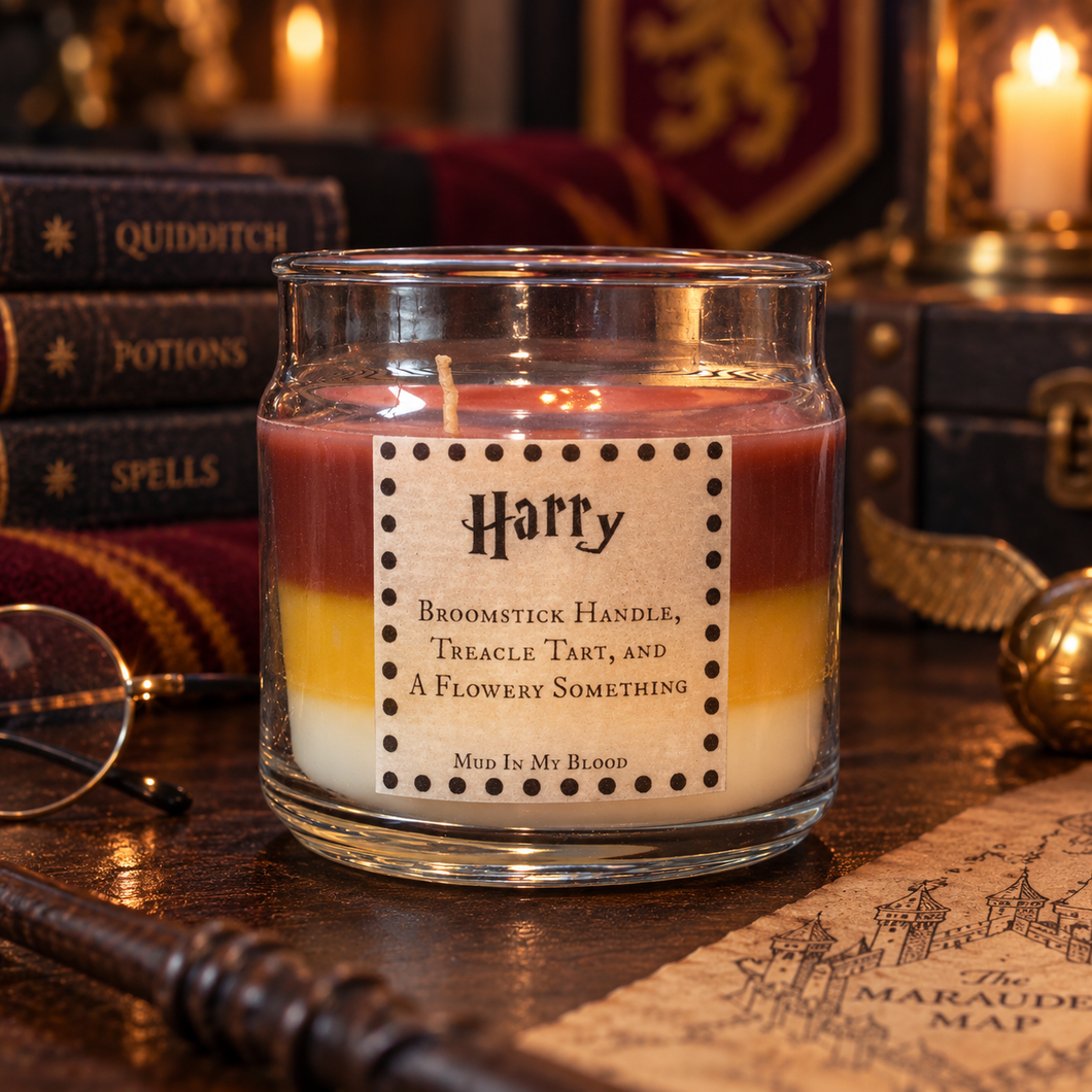 Hero Scented 4 oz Candle- Broomstick, Treacle Tart, Flowery Somthing